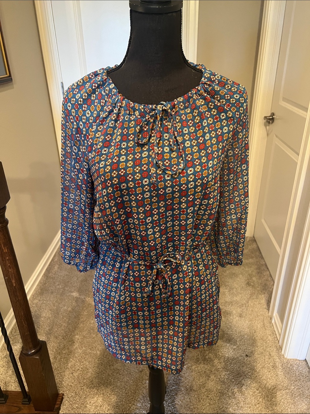 Blue Floral Tie-Neck Tunic with Waist Tie